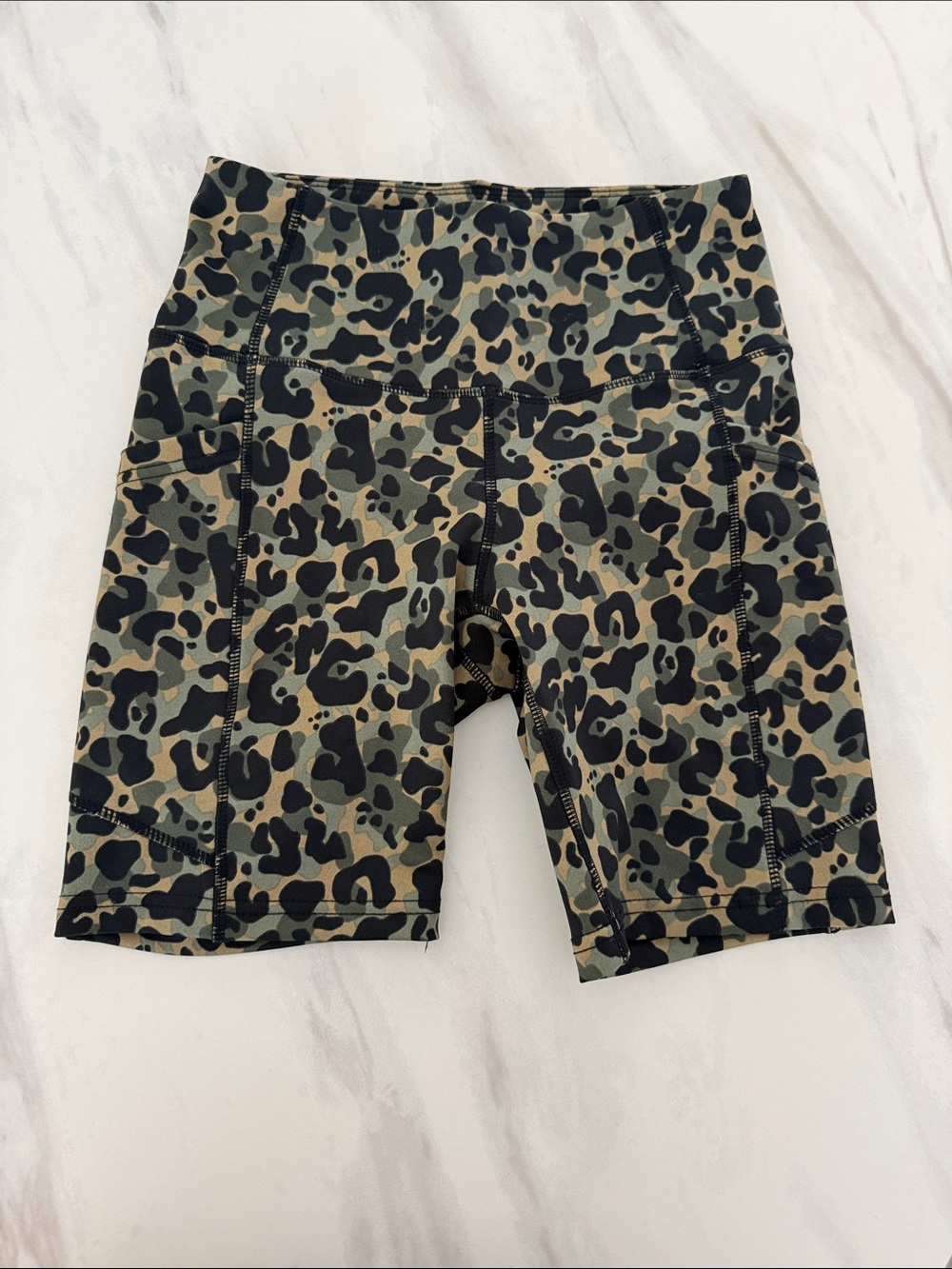 Nicole Miller Men's Leopard Camo Athletic Shorts - Olive Green & Black